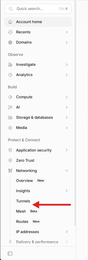 Menu Networking → Tunnels pada dashboard Cloudflare