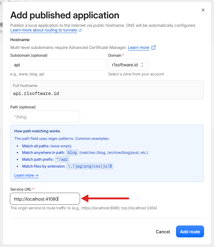Route backend: Service URL http://localhost:41080