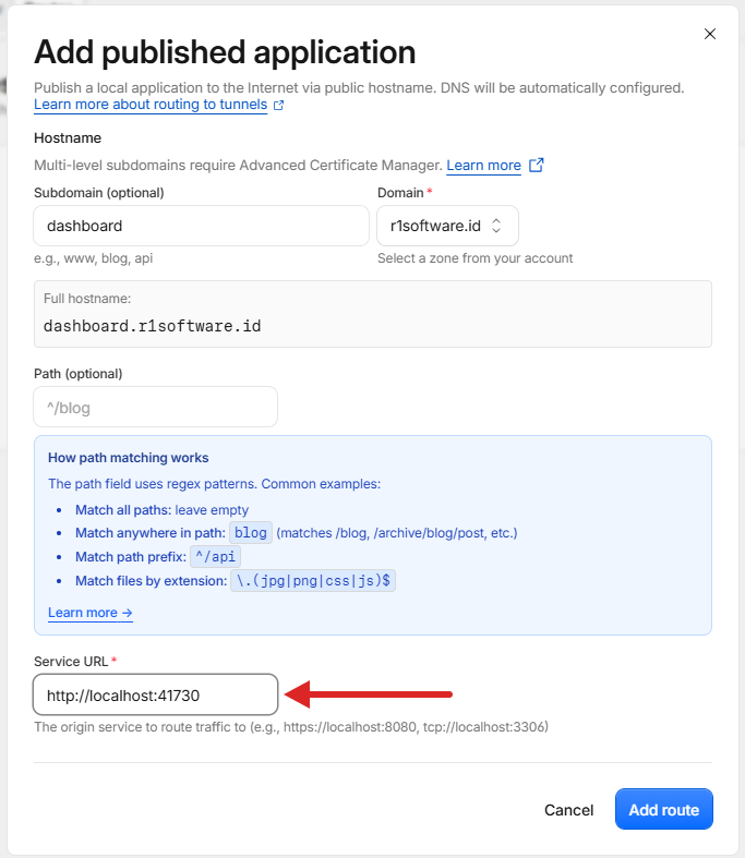 Route frontend: Service URL http://localhost:41730