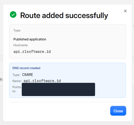 Konfirmasi route berhasil dan DNS dibuat otomatis