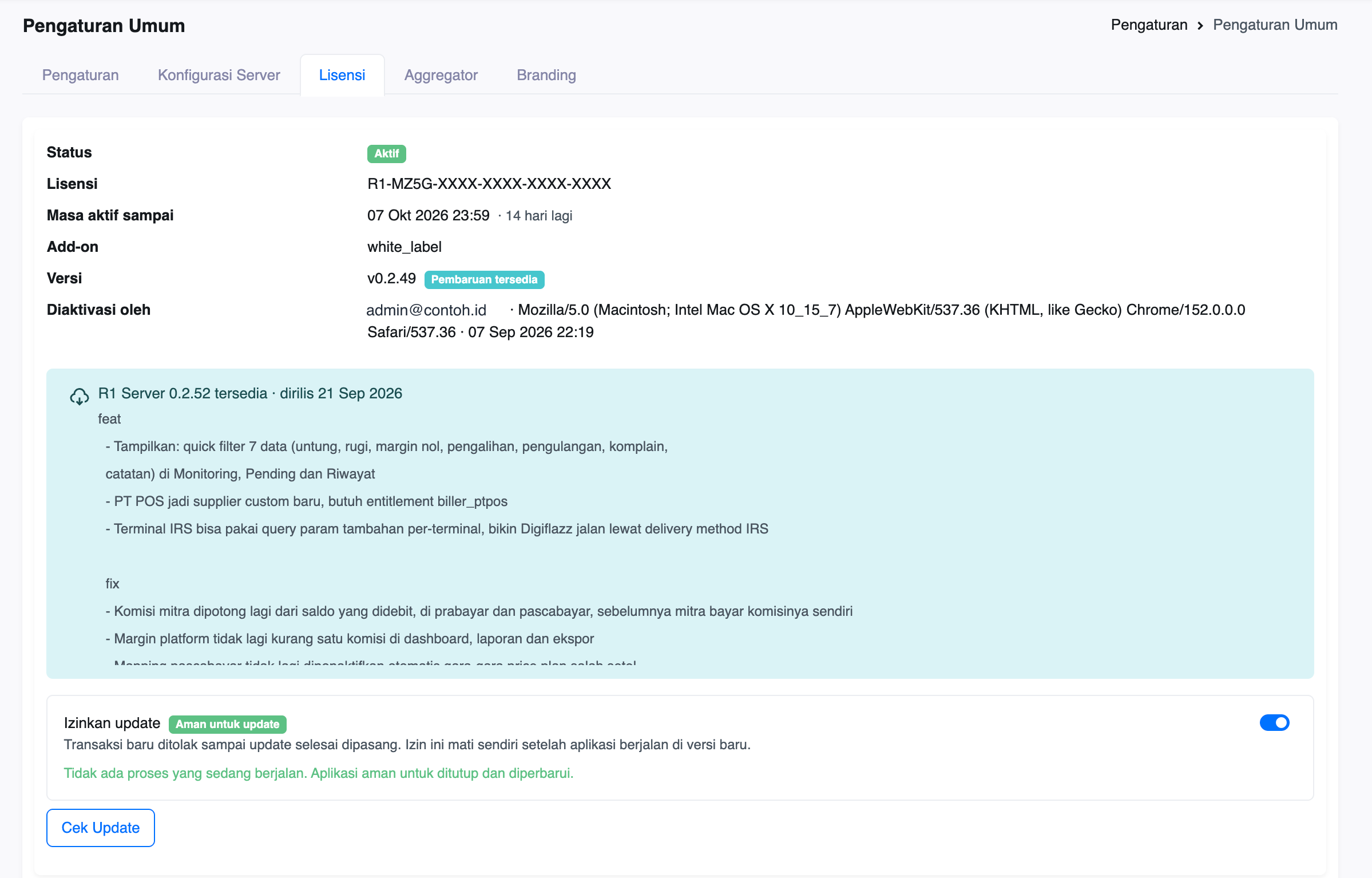 Saklar "Izinkan update" di tab Lisensi