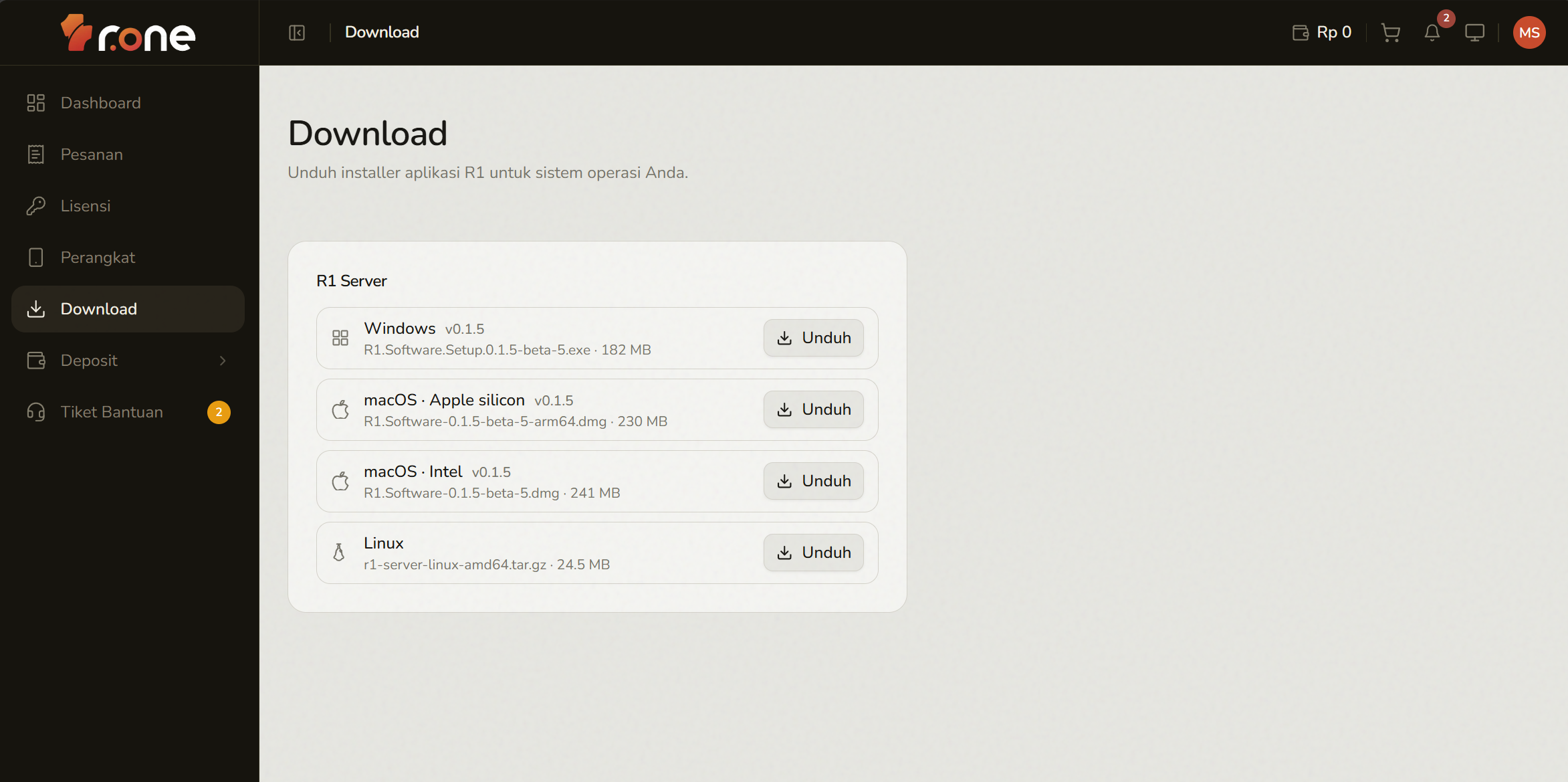 Menu Download di panel mitra