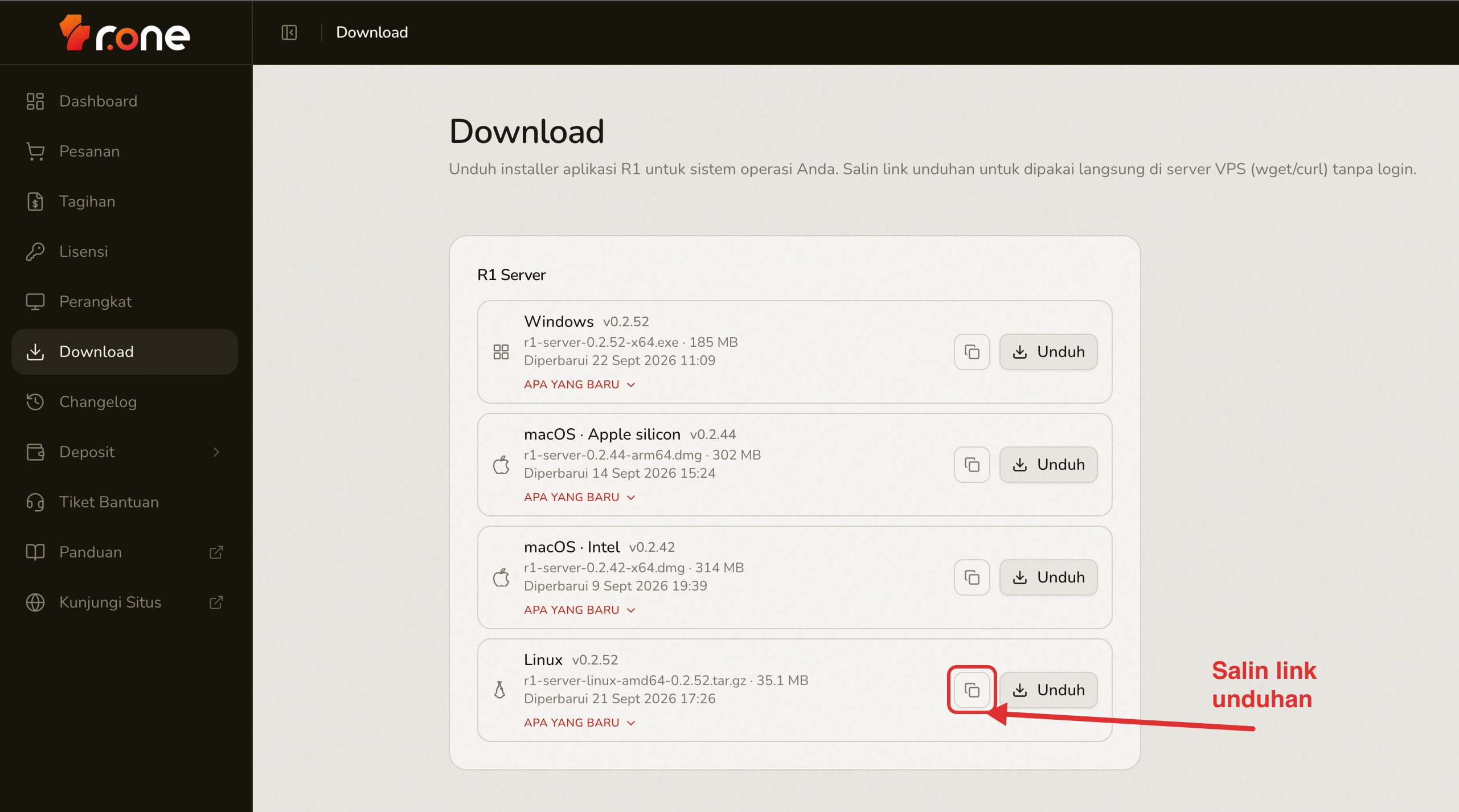 Menyalin link unduhan Linux di panel mitra