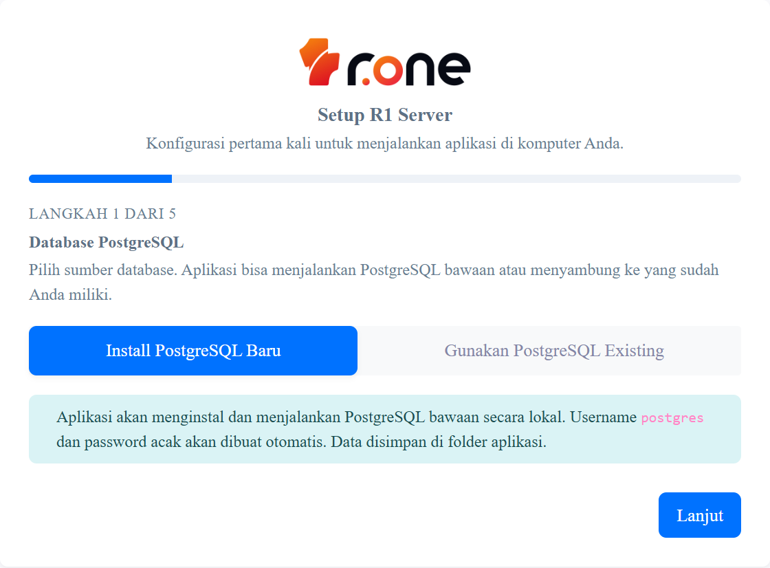 Wizard langkah 1 — pilih database PostgreSQL
