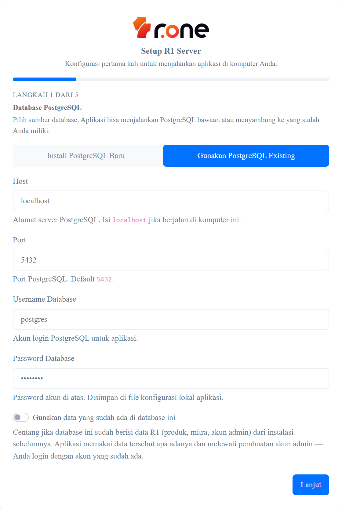 Wizard langkah 1 — koneksi PostgreSQL existing