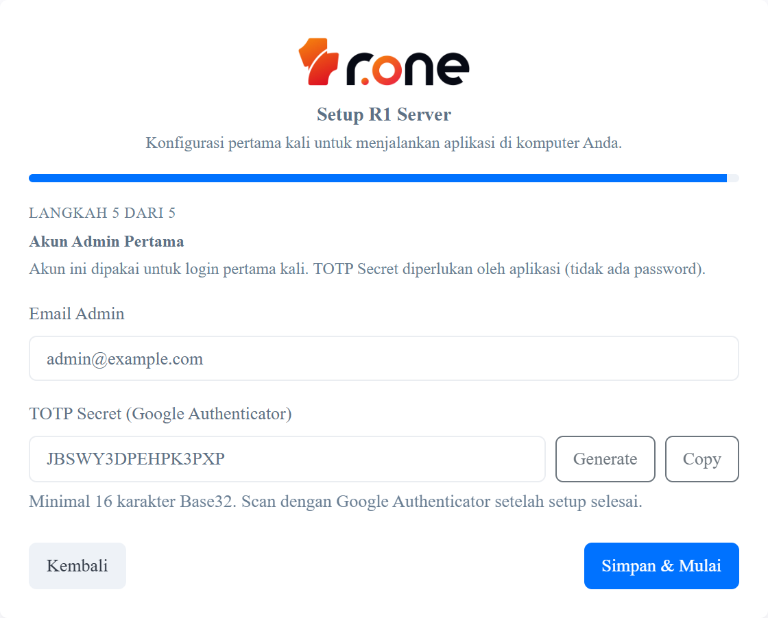 Wizard langkah 5 — akun admin pertama